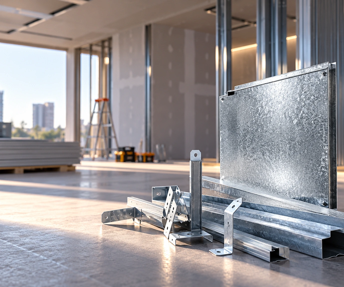 Acessórios metálicos para drywall em uma obra