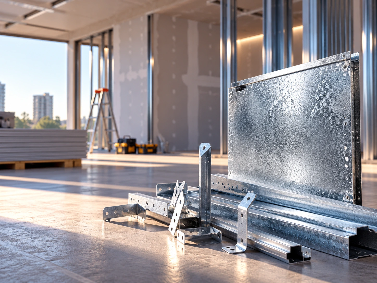 Acessórios metálicos para drywall em uma obra